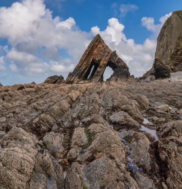 Beautiful landscape image of Blackchurch Rock on Devonian geological formation