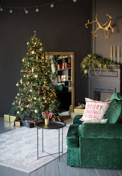 istock Dark Christmas interior with Christmas tree 1327047057