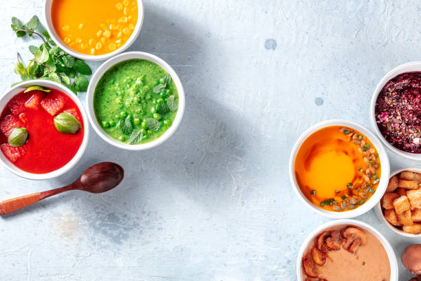 istock Vegan soup overhead flat lay banner with copy space 1327048799