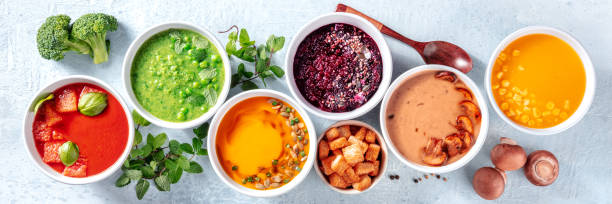 istock Vegan soup assortment panorama with many different cream soups 1327048809