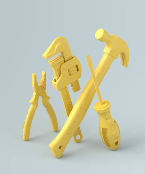 istock Isometric view of monochrome construction tools for repair on grey and yellow 1327048857
