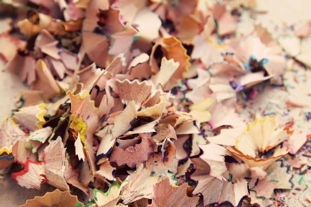 istock Wooden pencil shavings from sharpener. Top view 1327049629