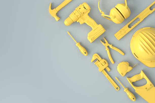Top view of monochrome construction tools for repair and installation on grey and yellow background. 3d rendering and illustration of service banner for house plumber or repairman