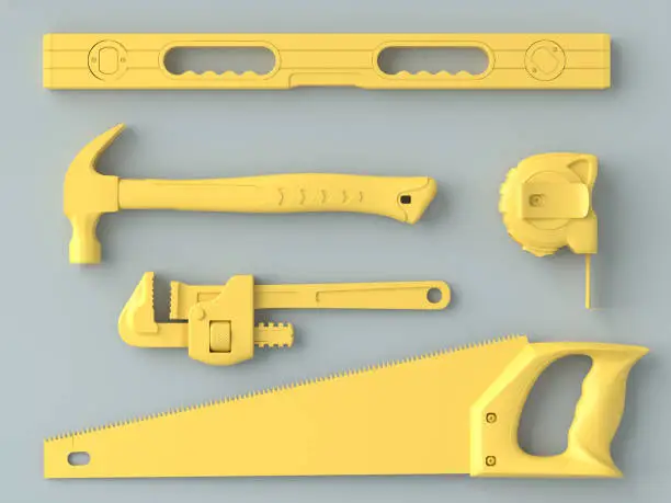 Top view of monochrome construction tools for repair and installation on grey and yellow background. 3d rendering and illustration of service banner for house plumber or repairman