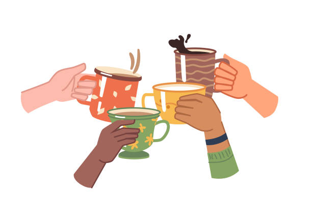 hands with coffee or tea, isolated cheers to toasting, celebration and leisure. aromatic beverage with caffeine, hot liquid in mugs. cappuccino or espresso, doppio or mocha. flat cartoon vector - kahve stock illustrations