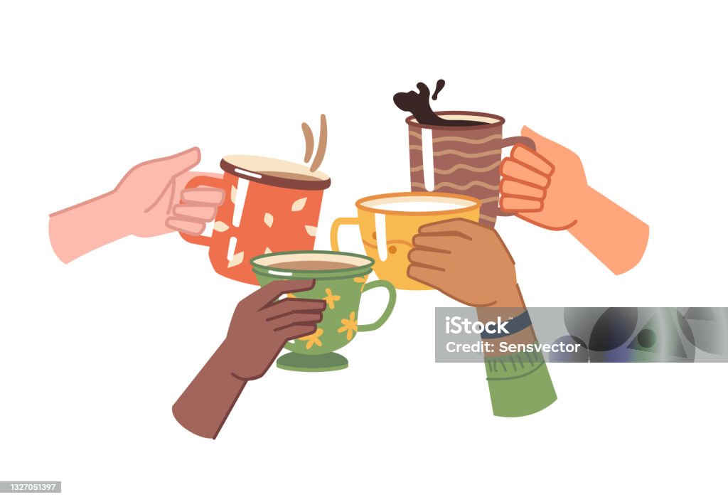 Hands with coffee or tea, isolated cheers to toasting, celebration and leisure. Aromatic beverage with caffeine, hot liquid in mugs. Cappuccino or espresso, doppio or mocha. Flat cartoon vector Celebratory Toast stock vector