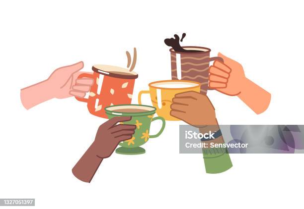 Hands With Coffee Or Tea Isolated Cheers To Toasting Celebration And Leisure Aromatic Beverage With Caffeine Hot Liquid In Mugs Cappuccino Or Espresso Doppio Or Mocha Flat Cartoon Vector Stock Illustration - Download Image Now