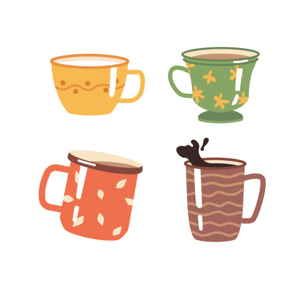 ilustrações de stock, clip art, desenhos animados e ícones de coffee and tea hot beverages in cups and mugs decorated with ornaments. isolated cappuccino or americano, macchiato aromatic taste of caffeine drink. cheers and celebration. flat cartoon vector - drinking tea cup drink