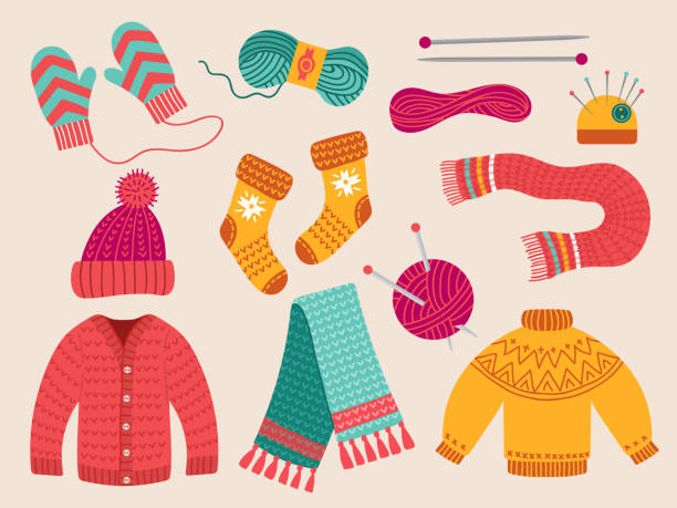 wełniane ubrania. tkanina wełniana moda kolorowe rękodzieło nici ubrania kolekcja sweter czapka szalik najnowsze ilustracje wektorowe kolekcja w stylu płaskim - wool scarf backgrounds knitting stock illustrations