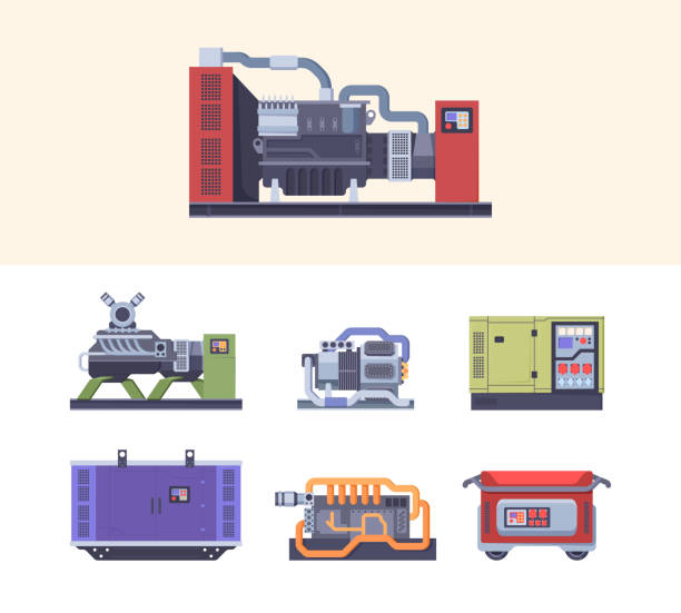 ilustrações de stock, clip art, desenhos animados e ícones de fuel generator. steel industrial electric machines energy generation maintenance generators garish vector flat illustrations collection - immovable