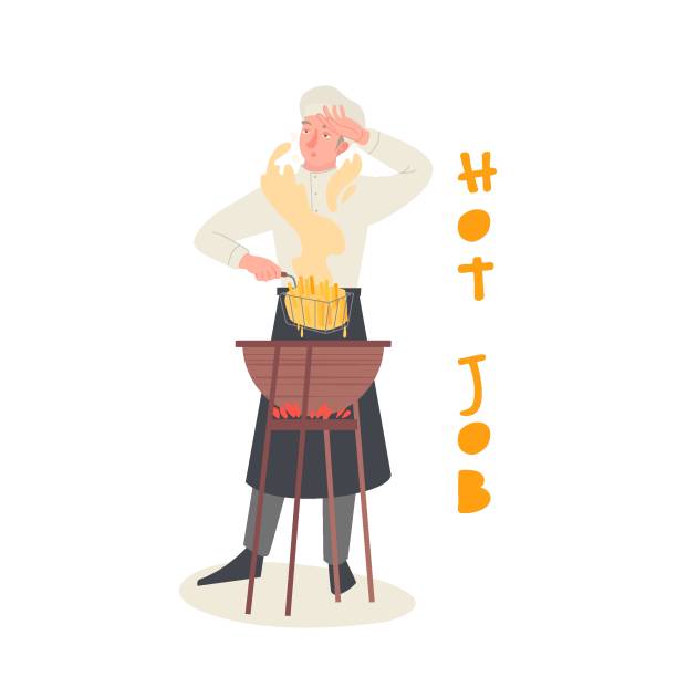 Fry cook character. Hard job in heat and smoke. Fry cook character. Hard job in heat and smoke. Fast food concept. Young man cooking potato chips. Editable vector illustration in bright colors isolated on a white background. Flat cartoon style dangerous steak stock illustrations