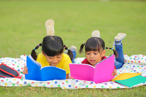 Cute little girl  reading books on the grass. She has a look of enjoyment on her face and she looks very relaxed. Which increases the development and enhances learning skills outside the room.