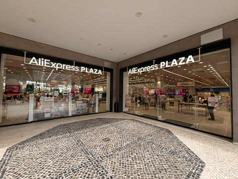 Barcelona, Spain - July 2021: Aliexpress Plaza store in the shopping centre Finestrelles. It is the second physical shop of the chinese company opened in Europe.