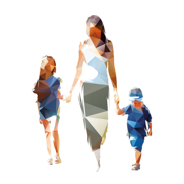 Mom walking with the kids and holding hands. Mother with daughter and son. Isolated vector silhouette, low polygonal drawing from triangles, front view Mom walking with the kids and holding hands. Mother with daughter and son. Isolated vector silhouette, low polygonal drawing from triangles, front view woman lifestyle stock illustrations