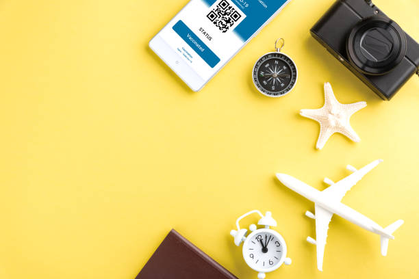 istock Model airplane, passport, camera and immunity pass arranged application on smartphone 1327057743