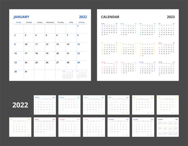 stockillustraties, clipart, cartoons en iconen met 2022 calendar planner set for template corporate design week start on sunday. - april 2023