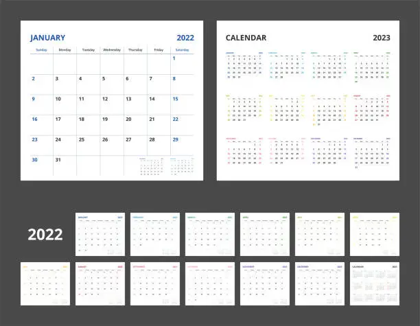 Vector illustration of 2022 calendar planner set for template corporate design week start on Sunday.