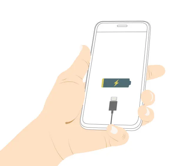 Vector illustration of Empty battery, humand hand, holding smartphone, device screen, low power, charge is over vector draw. stock illustration