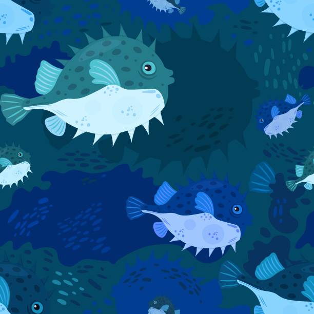 Marine life seamless pattern. Tropical fish. Pufferfish, balloonfish. Marine life seamless pattern. Tropical fish. Pufferfish, balloonfish. Ocean bottom nature background. Fabric, wrapping graphic design in a flat cartoon style. Editable vector texture in bright colors squab pigeon meat stock illustrations