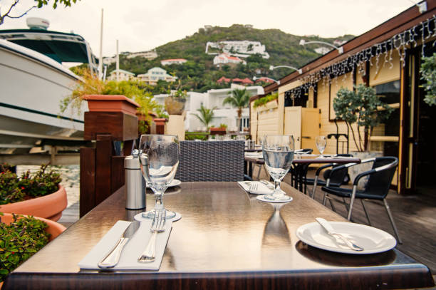 restaurant terrace in philipsburg, sint maarten - dining nautical vessel recreational boat europe imagens e fotografias de stock