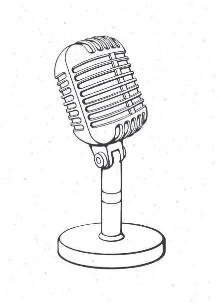 Vector illustration of Monochrome retro microphone for voice, music, sound, speak, radio recording. Outline. Vector illustration.