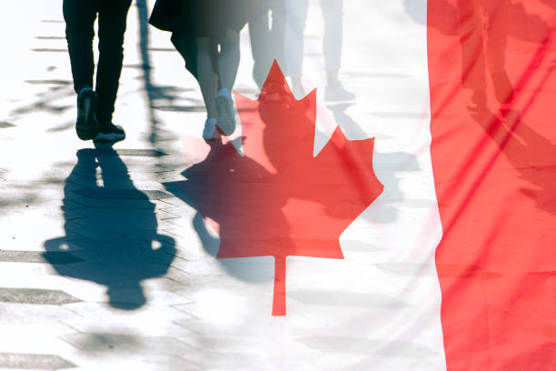 die nationalflagge von kanada und schatten der menschen, konzeptbild - einwanderer stock-fotos und bilder