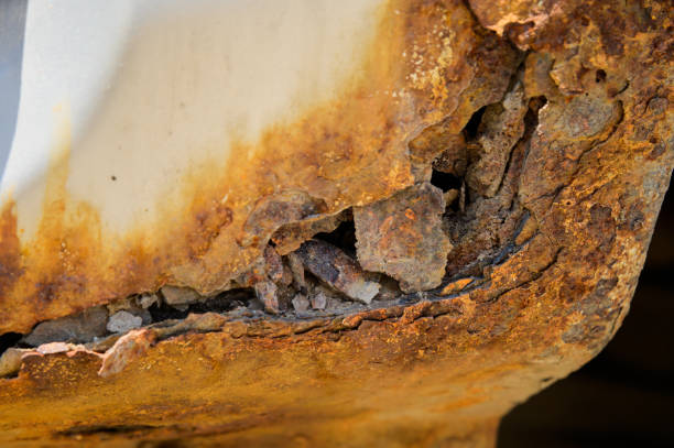 istock Close-up Body repair and welding work required. Rust on a gray old car. Rust hole on an old worn out painted metal surface. 1327063943