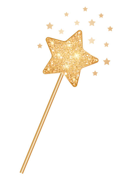 Magic faerie wand with magic stars Magic golden glitter wand with magic stars. magic wand stock illustrations