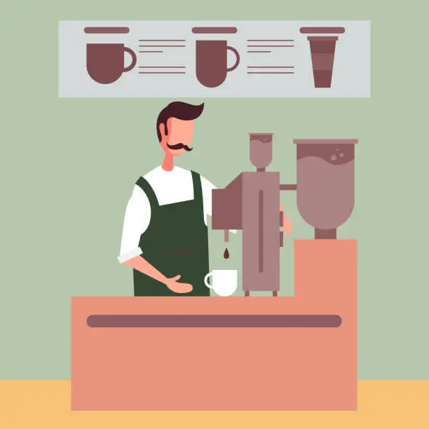 Vector illustration of Barista Making Coffee For Customers At Cafe