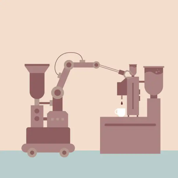 Vector illustration of Coffee shop with modern robot arm