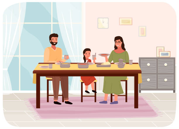 bildbanksillustrationer, clip art samt tecknat material och ikoner med people are eating indian food at home. family members mother, father and daughter sitting at table - tomatsoppa