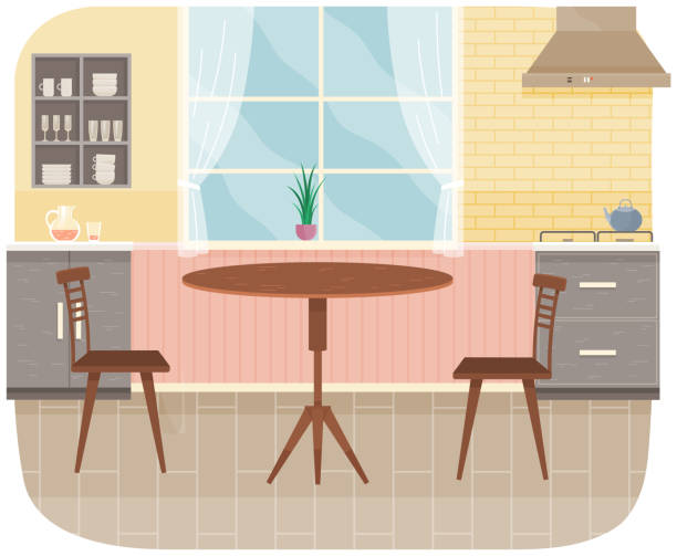 ilustrações de stock, clip art, desenhos animados e ícones de modern kitchen interior with furniture. wooden dining table and chairs vector illustration - dining table table cartoon dining