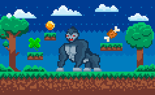Vector pixelated Gorilla, cartoon pixel wild animal in natural landscape with trees at night. Retro 8 bit art mobile app or computer game personage pixel-game huge angry monkey in dark forest