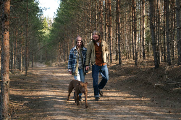 istock Couple walking with dog in the park 1327067982