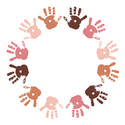 Frame from imprint palm of different skin colors. Inclusion concept. Union. Teamwork Inclusiveness.  Equality of people. Template for design. Isolated  on a white background. Vector illustration.