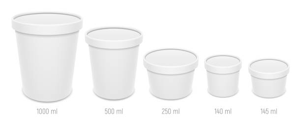 Set of vector realistic blank ice cream buckets and bowls with lids. Different sizes of paper food containers mockup. Set of blank ice cream buckets and bowls with lids. Different sizes of paper food containers. Vector realistic mockup illustration isolated on white background. white plastic tube stock illustrations