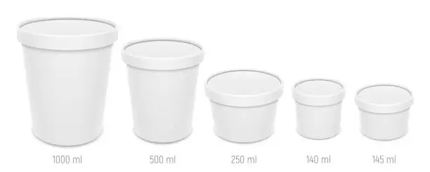 Vector illustration of Set of vector realistic blank ice cream buckets and bowls with lids. Different sizes of paper food containers mockup.