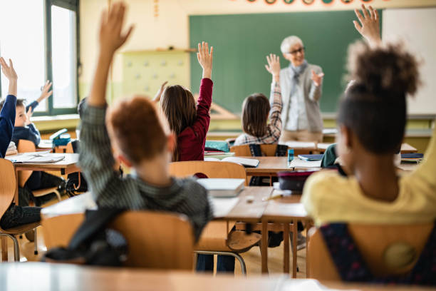 istock Rear view of elementary students raising hands on a class. 1327072299