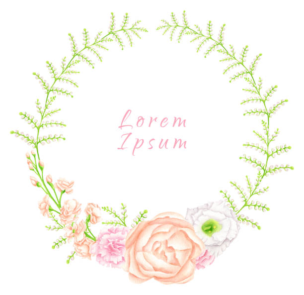 Watercolor floral wreath. Hand drawn round floral frame with gypsophila, eustoma and peony flowers Watercolor floral wreath. Hand drawn round floral frame with gypsophila, eustoma and peony flowers isolated on white background. Elegant template for wedding invitations, save the date, Mother's day drawing of a green lisianthus stock illustrations