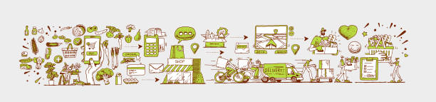 Online Grocery Delivery Online Grocery Delivery supermarket drawings stock illustrations