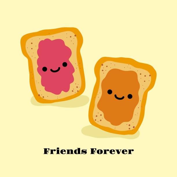 Jelly and peanut butter toast vector illustration in cute doodle style with antropomorphic faces. Peanut butter and Jelly jam on a toast vector illustration. Funny hand drawn cartoon cute characters. National Best Friends Day card . Smiling kawaii face. par stock illustrations