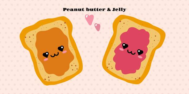 Jelly and peanut butter toast vector illustration in cute doodle style with antropomorphic faces. Peanut butter and Jelly jam on a toast vector illustration. Funny hand drawn cartoon cute characters. National Best Friends Day card . Smiling kawaii face. par stock illustrations