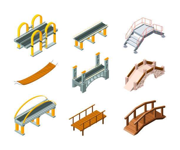 등등 측정 브리지. 워터 파크 브리지를 가로지르는 자동차 및 철도를 위한 도시 건축 객체 고속도로 장식 벡터 일러스트레이션 세트 - viaduct stock illustrations