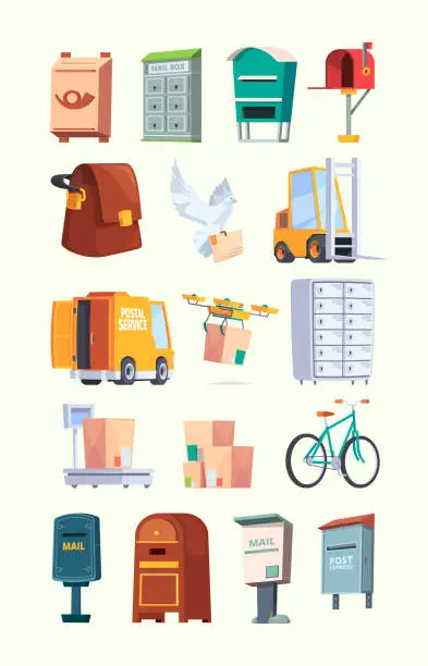 Vector illustration of Postal office items. Mail service car letters postal box delivery packages garish vector flat illustrations