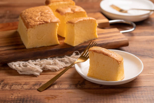 istock Plain classic Taiwanese traditional sponge cake (Taiwanese castella kasutera) on a cutting board background table with ingredients, close up. 1327074844