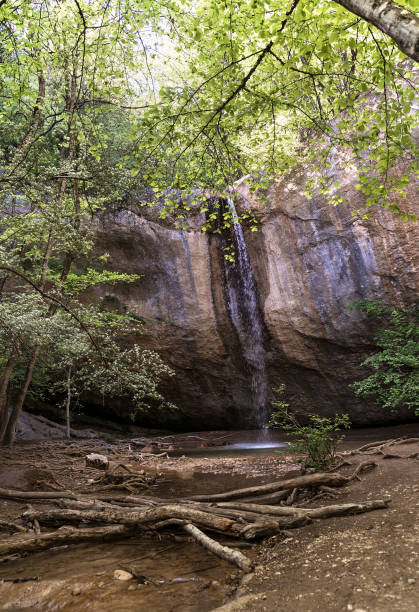 istock Picturesque small waterfall flows into the forest pond. 1327074917