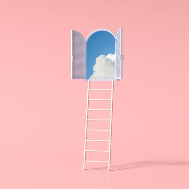 scène conceptuelle minimale de ciel bleu dans une fenêtre en arc et une échelle sur fond rose. rendu 3d. - dreams window bizarre surreal photos et images de collection