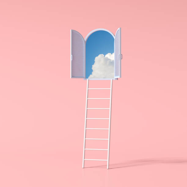 scena concettuale minima del cielo blu in una finestra ad arco e scala su sfondo rosa. rendering 3d. - dreams window bizarre surreal foto e immagini stock