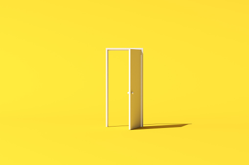 Minimal conceptual scene of a white door on yellow background. 3D rendering.