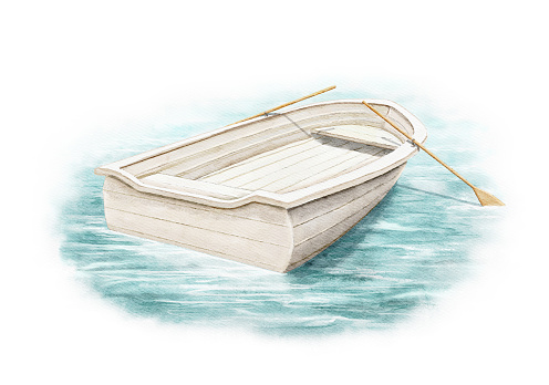 Bright landscape scenery with white wooden boat with oars on summer blue water isolated on white background. Watercolor hand drawn illustration sketch